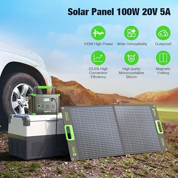 EBL 519Wh Solar Generator Kit 500W(Peak 1000W) Portable Power Station with 100W 20V Solar Panel Backup Battery Power Supply for RV/Van Camping Fishing Climbing Road Trip Home Use