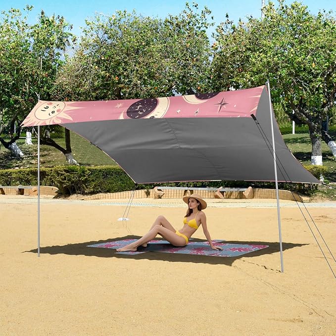 ALAZA Moon Sun Stars Alchemy Beach Tent Sun Shelter UPF50+ Protection Beach Shade Canopy w/ 4 Sandbags for Outdoor Camping Fishing Backyard Fun Picnic 10x9 ft