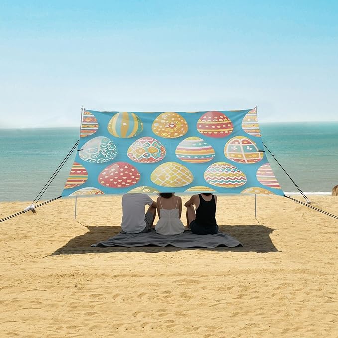 Easter Eggs Colorful Print Beach Tent Sun Shelter Set UPF50+ UV Protection 10.5 x 9.19 FT Camping Shade Canopy with Sandbags Sand Anchors Carrying Bag and Others