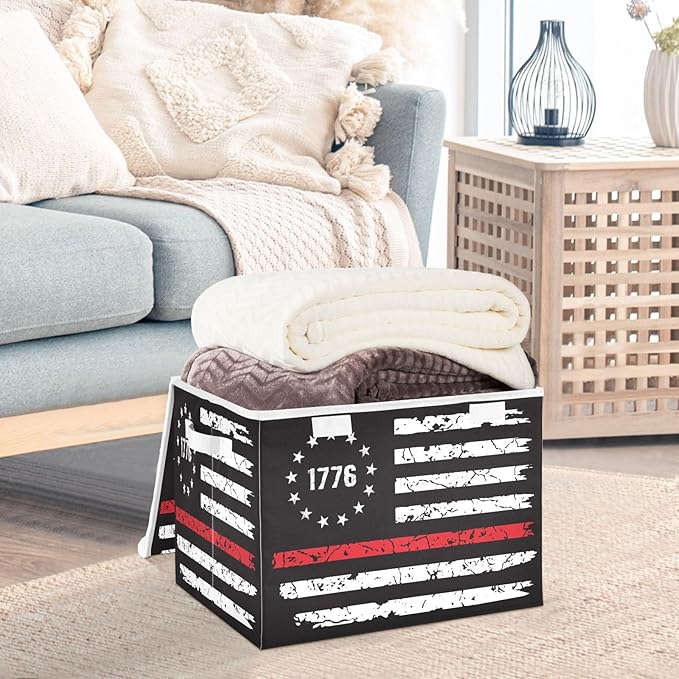 1776 Distressed American Flag Usa Black Storage Boxes with Lids Foldable Clothing Storage Large Stackable Storage for