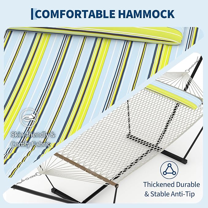 GarveeHome Double Hammock with Heavy-Duty Steel Stand 2 Person Portable Hammock 450LBS Max Weight Capacity Easy Assembly Ideal for Indoor Backyard Camping &amp Outdoor Use