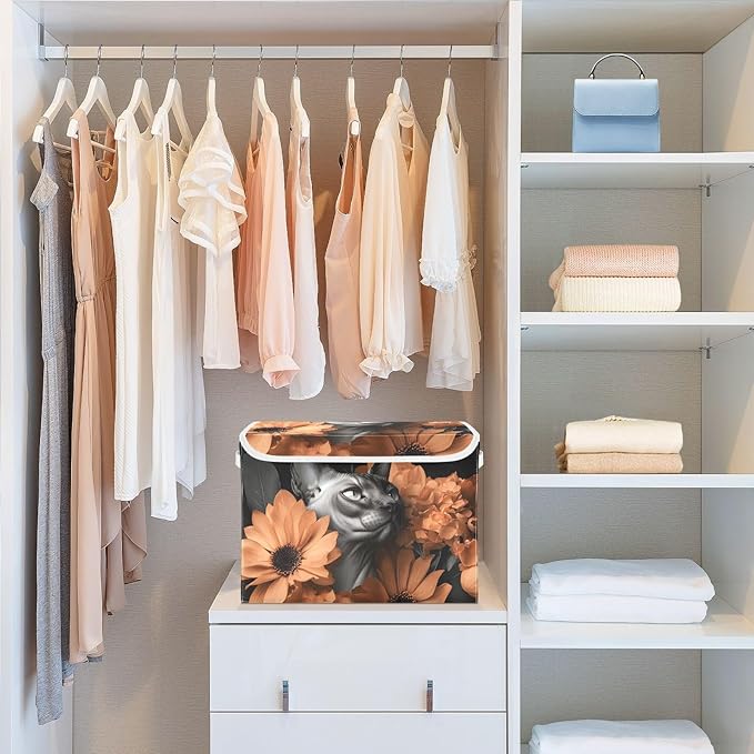 AIXIWAWA Lidded Storage Cube (Sphynx Cat Floral) Fabric Foldable Closet Bins with Flip Lid and Handles Organizer Basket Container 16.5 x 12.6 x 11.8 IN