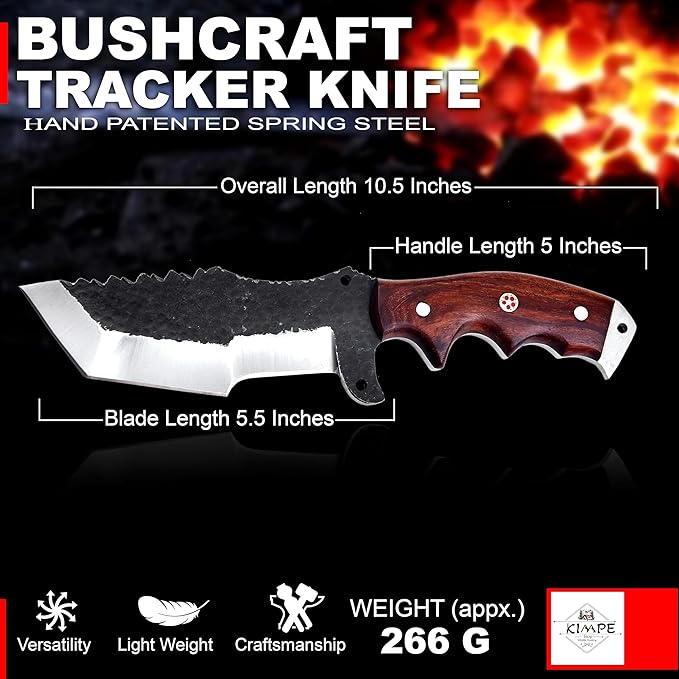 KIMPE Premium Hunting Knife – Spring Steel Fixed Blade Razor Sharp Outdoor Survival Knife with Rose Wood Handle &amp Leather Sheath Bushcraft Camping Skinning Knife Gift for Men.(Spring Steel &amp