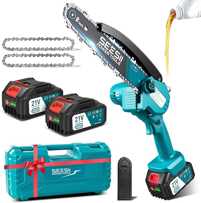 Seesii Mini Chainsaw 8-inch Mini Chainsaw Cordless Tool Set Battery Chainsaw with 2x 4.0Ah Batteries Handheld Electric Power Chain Saw with Oiler Safety Lock for Tree TrimmingWood Cutting