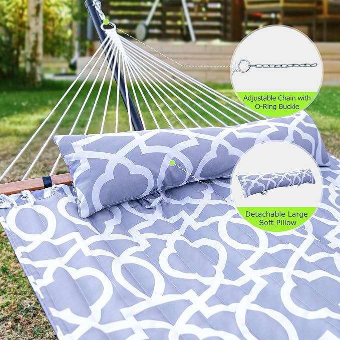 ANAGOO Double Hammock with Stand Heavy Duty Outdoor Hammock for Two 500 LBS Capacity Stable Steel Frame with Balance Strap Easy Tool-Free Assembly for Patio Garden Backyard &amp BeachWhite Gre