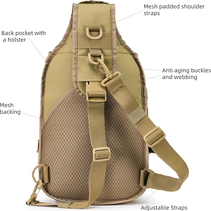 AMHEH 15L 1050D Tactical Sling Bag - Everyday Carry Crossbody Backpack with MOLLE and Concealed Back Pocket Fits 12 Laptop Tan