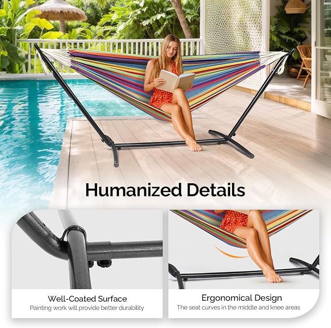 ONCLOUD 550 LBS Capacity Double Hammock with Stand Included with Portable Carrying Bag Heavy Duty 2-Person Hammock for Outdoors &amp Indoors - Desert Stripe Series TDCTZ1 - Rainbow Stripe