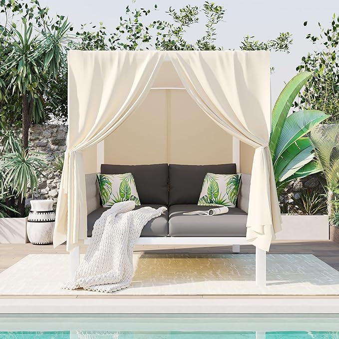 Polibi Outdoor Patio Sunbed with Beige CurtainsOutdoor Sun Lounger Bed with PillowsRubber Core Rope Weaving Outdoor Double Chaise Lounge Suitable for PoolGardenGray+Beige