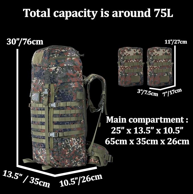 75L Tactical Backpack with Internal Frame MOLLE and Hydration System