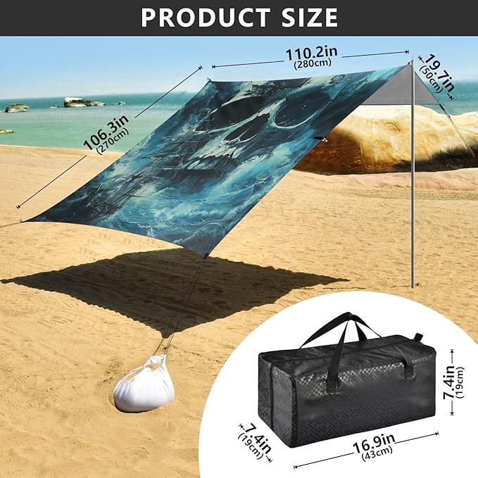 ALAZA Skull Ocean Pirate Ship Beach Tent Sun Shelter Portable Canopy Sunshade for Outdoor Camping Picnics Backyard Fun 10x9 ft