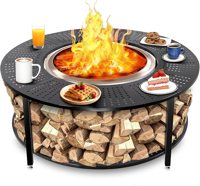 48.5 Inch Universal Fire Pit Surround Tabletop for Solo Stove Yukon &amp Tiki 27.5 Outdoor Patio Stand with Firewood Storage Shelf Heavy Duty Steel 200LB Capacity