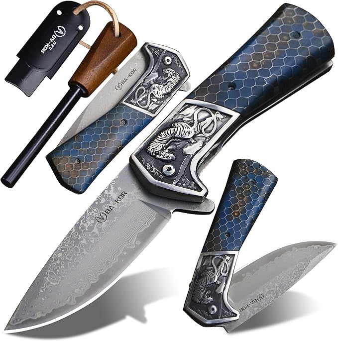 BA-KOR B21A Devil Tiger (XL) 248mm Damascus pocket knife featuring stainless steel and resin aluminum honeycomb-pattern handle &amp(5.9IN) cerium igniter suitable for both men and women as a campin