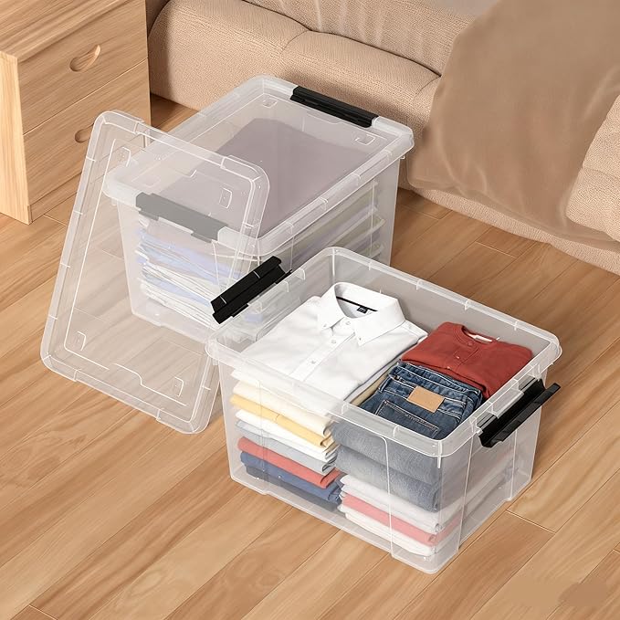 4-Pack 32 L Plastic Storage Box with Lid Stackable Latch Storage Bin with Wheels Clear