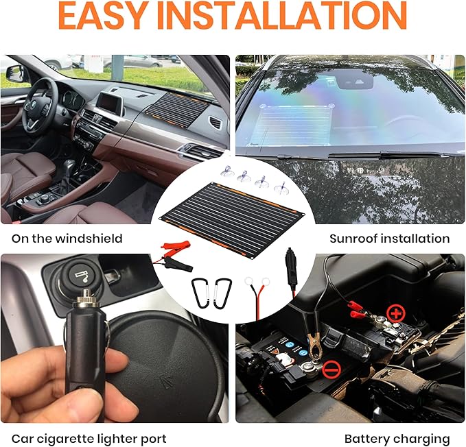 FlexSolar 20W 12V Solar Panel Battery Charger Maintainer Kits Trickle Charger with Built-in Charge Controller Cigarette Lighter Alligator Clips O-Rings OBDII Connector for Car TruckTractor Boat