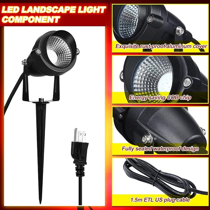 Rossesay 4 Pcs Christmas Red Spotlight Outdoor Plug in Landscape Lighting 12w Ip66 Waterproof LED Lights with Spiked Stand 270° Adjustable Outdoor Spot Lights for Yard Lawn Garden Tree Flags Holiday