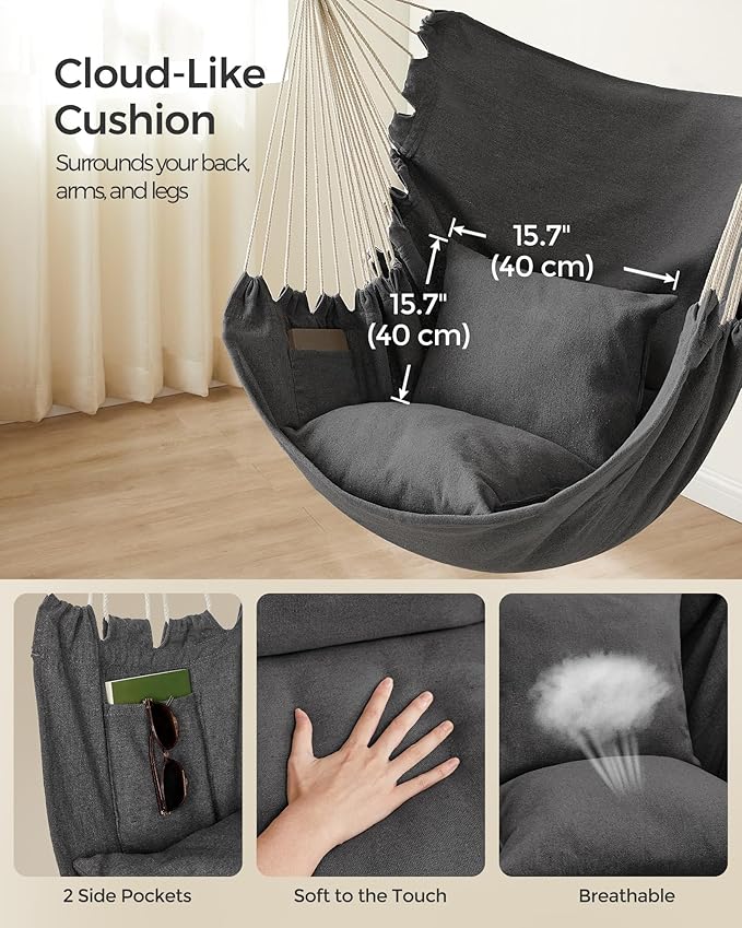 SONGMICS Hammock Chair Load Capacity 500 lb Hanging Chair with 2 Cushions Large Hammock Swing with Chain and Pocket for Indoor Outdoor Living Room Bedroom Slate Gray UGDC197G02