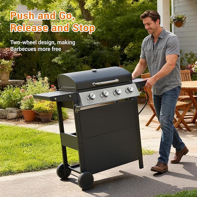 EUHOME 4-Burner Stainless Steel Gas Grill | 34000 BTU Total Output &amp 421 sq.in Cooking Area | Powerful Even-Heat System for Large Family BBQs &amp Backyard Parties