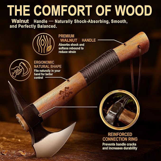 Grumpy Bear 15 Camping Hatchet Survival Axe with Sheath High Carbon Steel and Wood Handle Anti-Slip Grip – Ideal for Bushcraft Wood Splitting &amp Outdoor Adventures