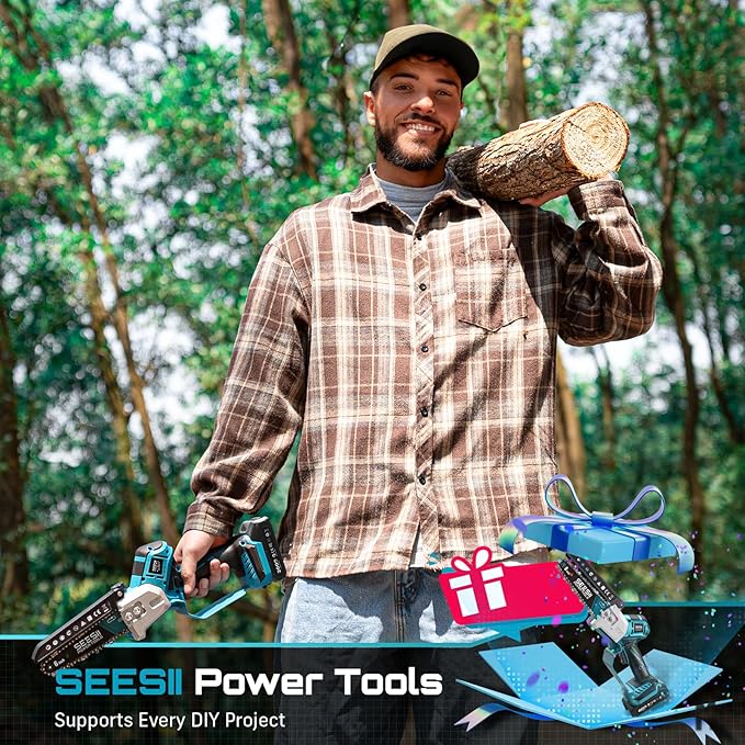 SEESII Brushless Mini Chainsaw 6 Inch Handheld Saw with 2 * 2000 mAh Batteries Cordless Chainsaw with Automatic Oiler Compatible with Makita 18V Battery Electric Saw for Tree Limb Branch Cutter