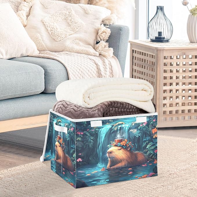 AIXIWAWA Lidded Storage Cube (Cute Peaceful Capybara) Fabric Foldable Closet Bins with Flip Lid and Handles Organizer Basket Container 16.5 x 12.6 x 11.8 IN