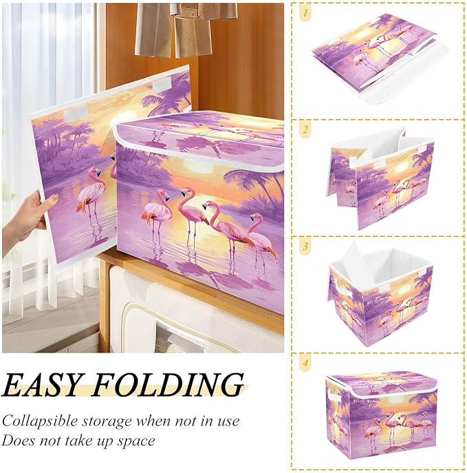 MNSRUU Containers Baskets with Lids Four Flamingos Fabric Foldable Storage Bins Organizer with Lid Collapsible Storage Boxes for Home Bedroom Closet Office