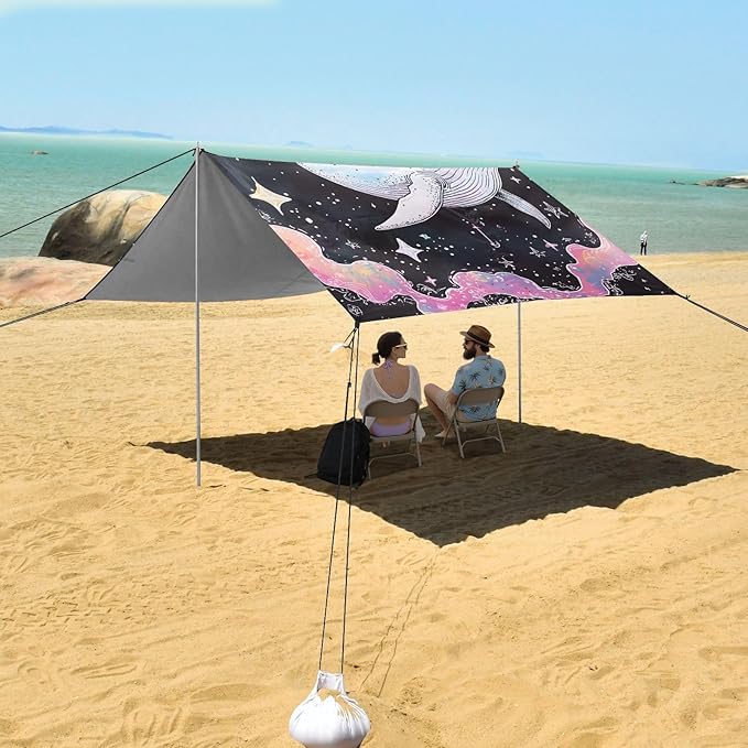 ALAZA Sun Satrs Whale Beach Tent Sun Shelter UPF50+ Protection Beach Shade Canopy w/ 4 Sandbags for Outdoor Camping Fishing Backyard Fun Picnic 10x9 ft