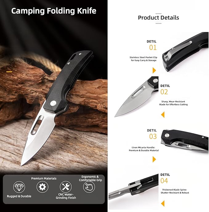 Hunting Knives &amp Tools Pocket Knife Lightweight Outdoor Knife for Backpacking Camping Essentials Folding Knife 8CR13 Blade Linen-textured Handle Gift Ideas for Men