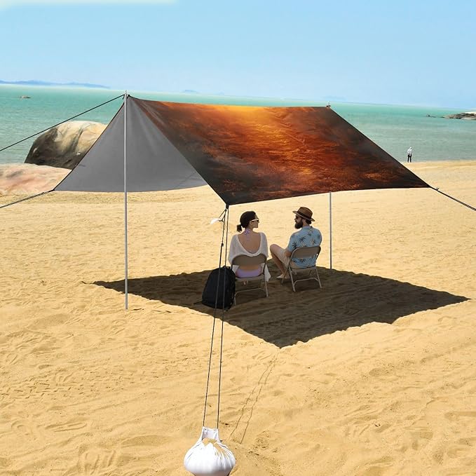 Twilight Oil Painting Beach Tent Sun Shelter Set UPF50+ UV Protection 10.5 x 9.19 FT Camping Shade Canopy with Sandbags Sand Anchors Carrying Bag and Others