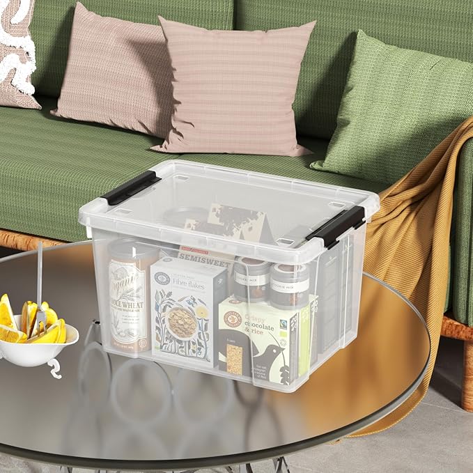 23 L Clear Plastic Storage Box with Lid Stackable Lidded Storage Bin Container with Wheels and Secure Latching Buckles 4 Packs