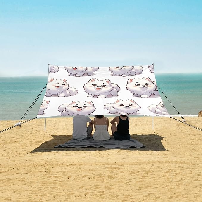 ALAZA Samoyed Dogs Puppy Prints Beach Tent Sun Shelter UPF50+ Protection Beach Shade Canopy w/ 4 Sandbags for Outdoor Camping Fishing Backyard Fun Picnic 10x9 ft
