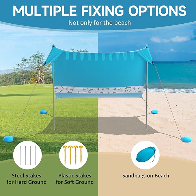 Villey Beach Tent Sun Shelter with UPF50+ Protection 8×7FT Portable Sun Shade with 2 Stability Poles 8 Ground Pegs 4 Sandbags and Sand Shovel Outdoor Beach Canopy for Camping Trips Picnics