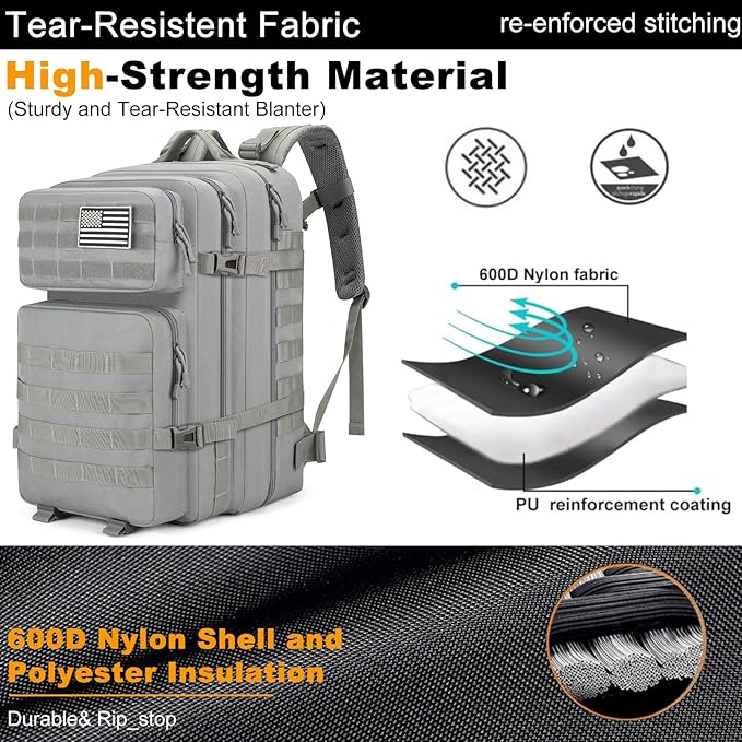 Tactical Backpack 45L Army Military Rucksack Water Resistant MOLLE Pack Large 3 Day Bug Out Bag for Men &amp Women Durable Outdoor Gear for Hiking Camping Hunting Travel (Grey)