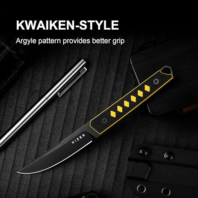 Kizer Kwaiken Fixed Blade Knife 3.94 Nitro-V Blade Hunting EDC Knife with Black &amp Yellow G10 Handle Survival Knife with Adjustable Sheath for Hiking Camping Outdoor Knives 1066A3