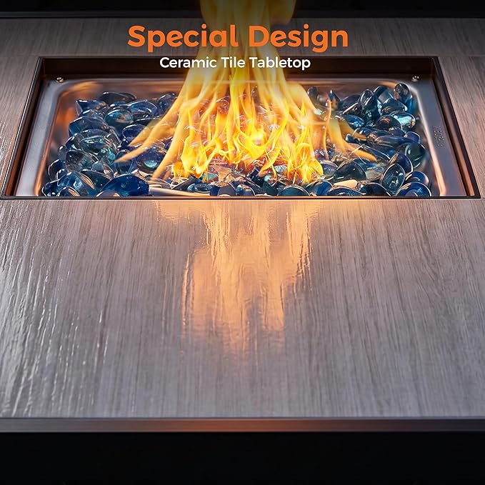 BALI OUTDOORS 42 inch 50000 BTU Rectangular Propane Gas Fire Pit Table with Fire Glass and Table Lid Fire Pits Outdoor for Garden Patio Backyard