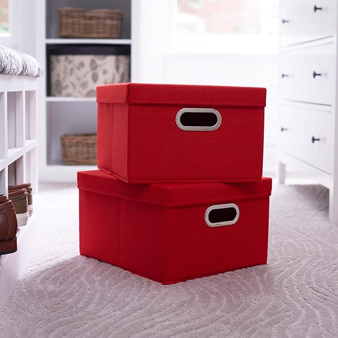 Household Essentials Storage Bins with Lids and Chromed Grommet Handles Set of 2 Textured Linen Look Red