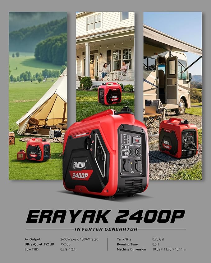 ERAYAK 2400W Portable Inverter Generator for Home Use Super Quiet Small Generator for Camping Outdoor Emergency Power Backup Gas Powered Engine EPA ECO Mode
