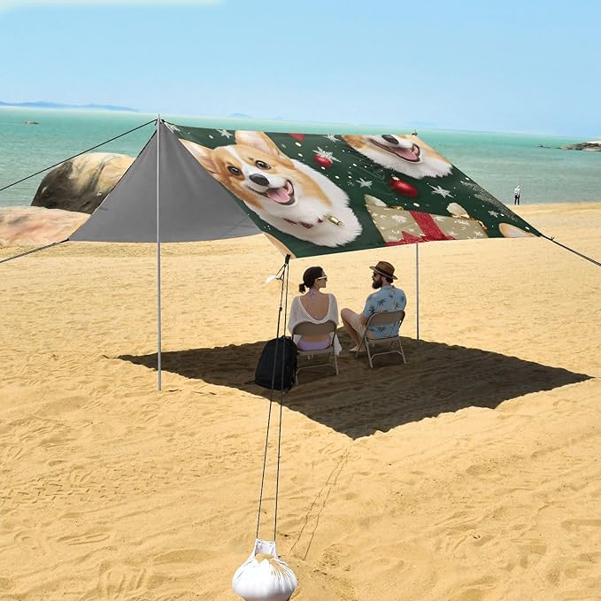 ALAZA Christmas Corgis Pattern Beach Tent Sun Shelter Portable Canopy Sunshade for Outdoor Camping Picnics Backyard Fun 10x9 ft