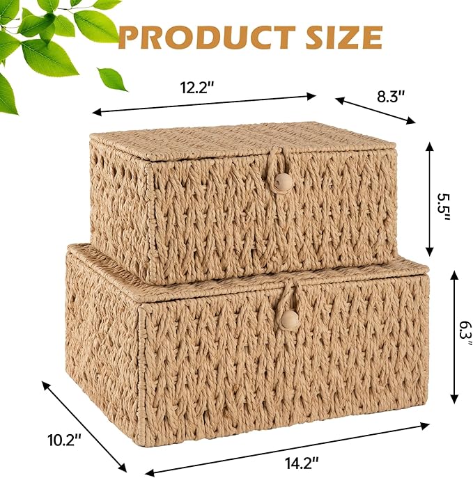 OIAHOMY Wicker Storage Basket with Lid &amp Lock Lidded Storage Bins Decorative Baskets for Organizing Set of 2-Natural