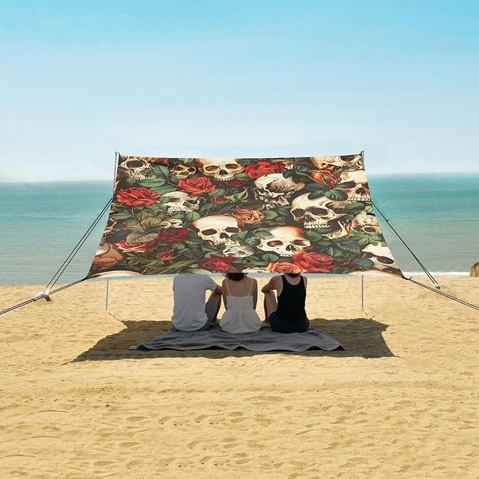 ALAZA Skull Red Rose Flowers Beach Tent Sun Shelter UPF50+ Protection Beach Shade Canopy w/ 4 Sandbags for Outdoor Camping Fishing Backyard Fun Picnic 10x9 ft