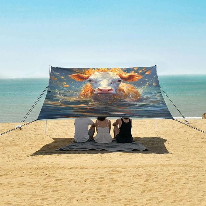 ALAZA Cow Fire and Water Beach Tent Sun Shelter Portable Canopy Sunshade for Outdoor Camping Picnics Backyard Fun 10x9 ft