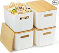 Ohmlove 4 Packs Storage Bins with Bamboo Lids - Plastic Storage Containers with Lids Stackable Storage Box：Storages Baskets for Organizing Desktop Closet Playroom Classroom OfficeWhite