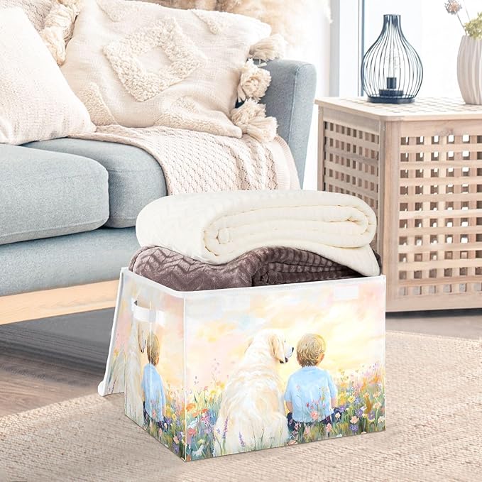 AIXIWAWA Lidded Storage Cube (Dog and Friend) Fabric Foldable Closet Bins with Flip Lid and Handles Organizer Basket Container 16.5 x 12.6 x 11.8 IN