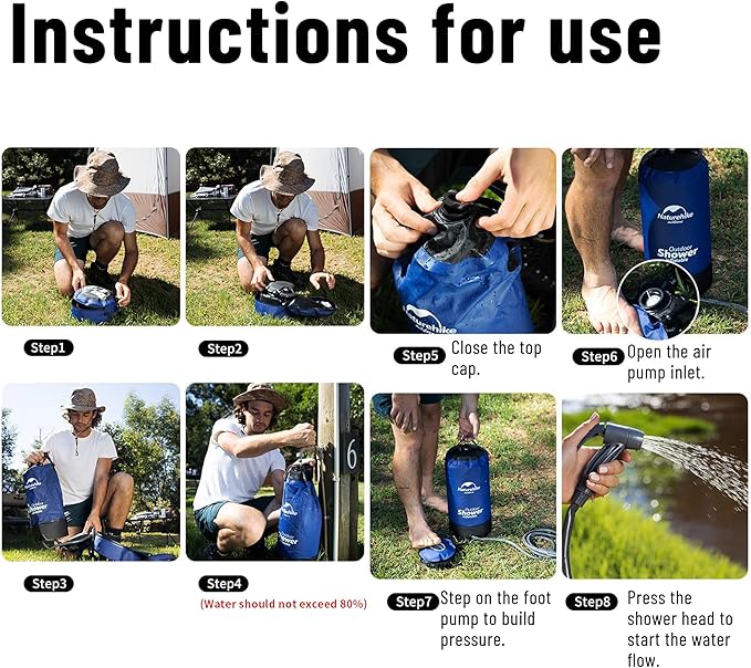 Naturehike Portable Shower for Camping Lightweight Outdoor Shower Bag with Hose and Head RV Shower for Beach Car Cleaning Camp Kitchen Traveling