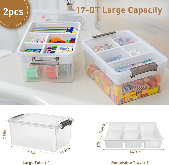 Citylife 17 QT Plastic Storage Box with Removable Tray Craft Organizers and Storage Clear Storage Container for Organizing Bead Tool Sewing Playdoh 2 Packs