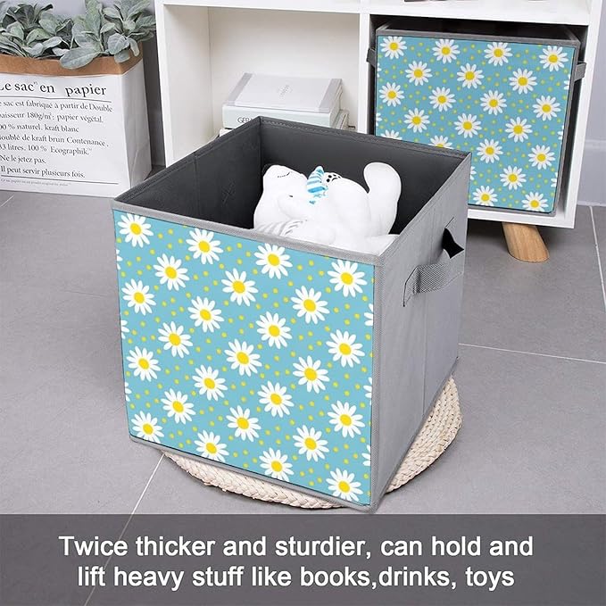 Practical Folding Storage Bins Daisy Flowers Sturdy Container for Wardrobe Kitchen Simplistic Storage Solution