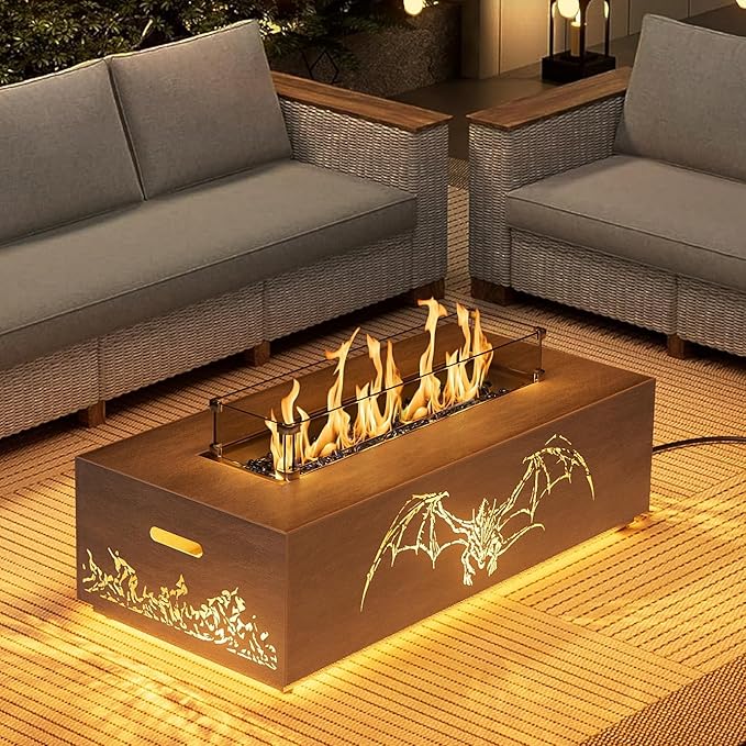 2-Piece 42 LED Rectangular Propane Fire Pit for Outside Patio with Hidden Tank Table 50000 BTU Fireplaces with Glass Wind Guard Lid Glass Rocks Cover(Dragon w/Warm Light