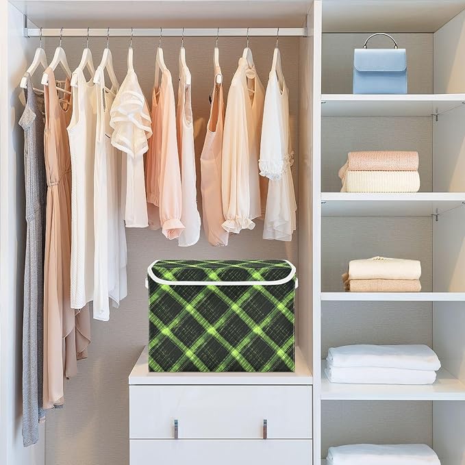 AIXIWAWA Lidded Storage Cube (Green Plaid) Fabric Foldable Closet Bins with Flip Lid and Handles Organizer Basket Container 16.5 x 12.6 x 11.8 IN