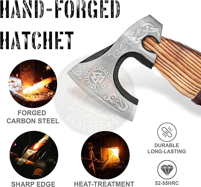 Hand Forged Carbon Steel Viking Style Bearded Axe with Leather Sheath - Real Hatchet Throwing &amp Camping Axe with Leather Wrap Best Gift for Wedding Anniversary Valentines Day Birthday Gift for