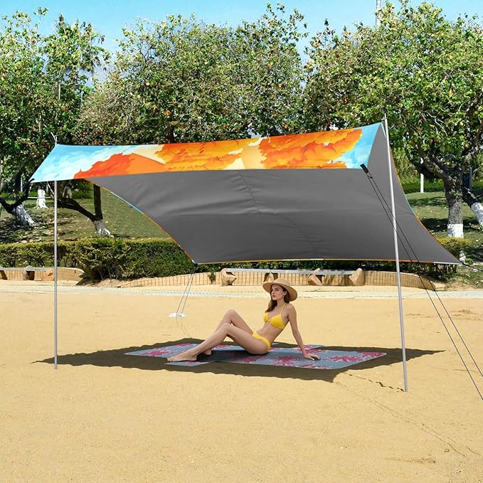 xigua Autumn Beach Tent Sun Shelter with Carrying Bag - Silver Coated Oxford Fabric Beach Canopy for Beach Camping Fishing - Includes Windproof Ropes Sandbags &amp Stakes