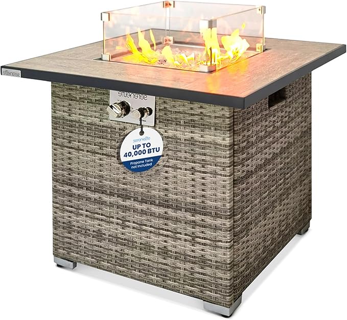 SereneLife Outdoor Propane Fire Pit Table 50000 BTU CSA ETL Certified Square Wicker Gas Fire Table with Tile Top Adjustable Flame Decorative Glass Rocks Weather-Resistant for Patio or Backyard